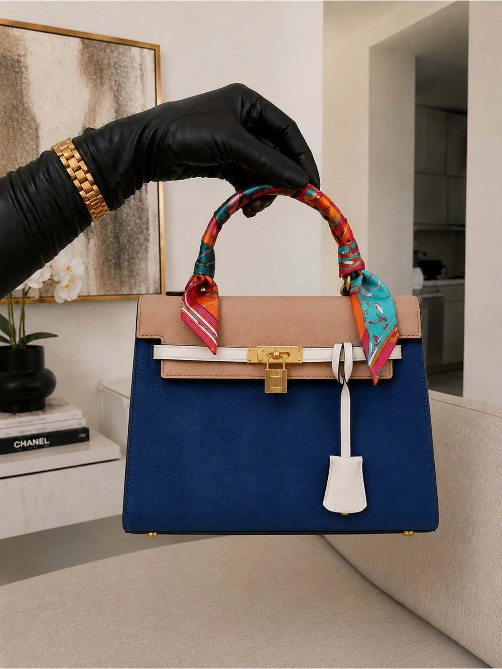 Luxury Two-Tone Blue and Beige Top-Handle Bag with Colorful Scarf